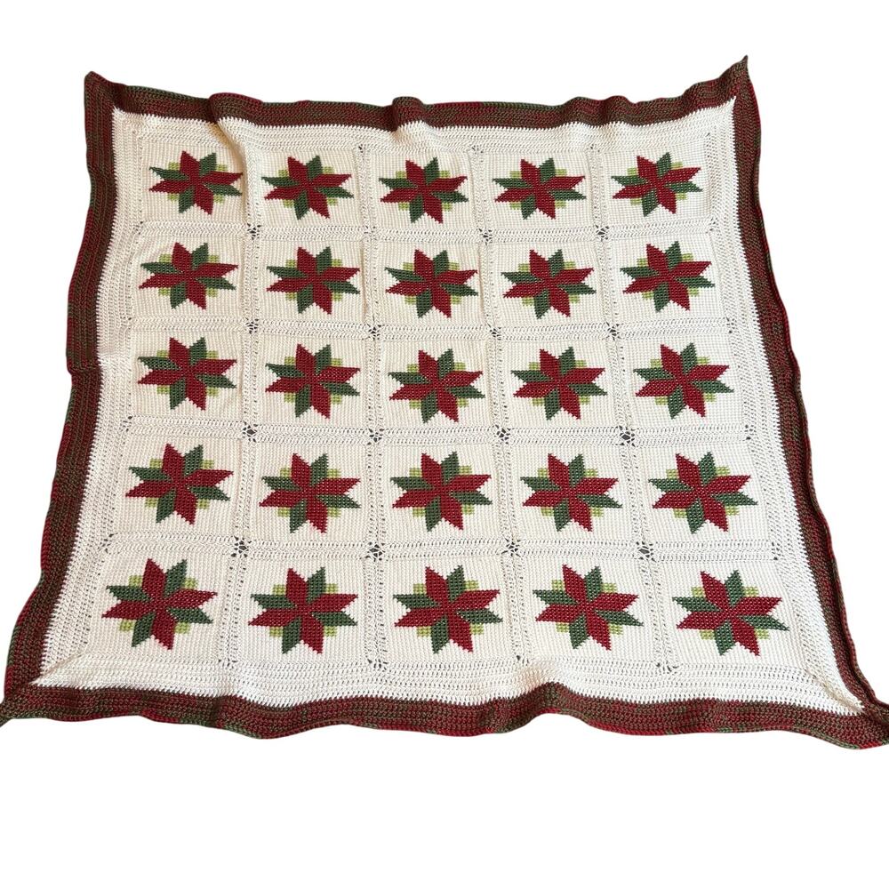 Handmade VTG Crochet Knit Christmas Star Quilt Holiday Poinsettia Afghan Blanket